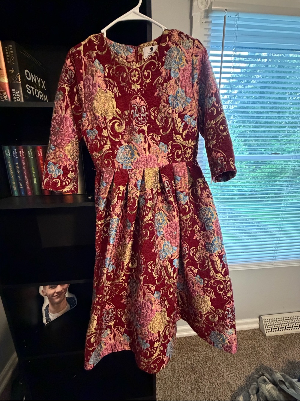 Girls' Burgundy Floral Brocade Party Dress